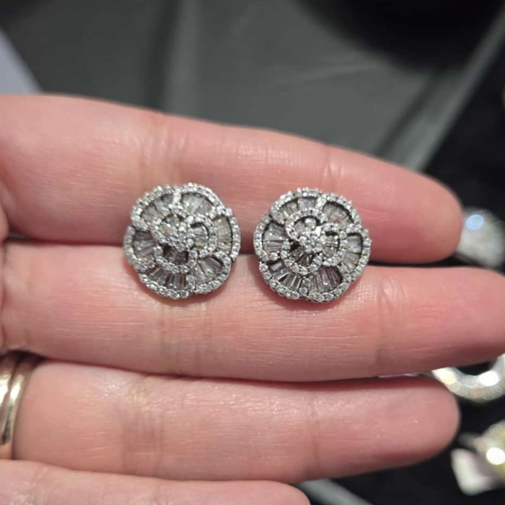 Diamond Floral Cluster Stud Earrings in Silver